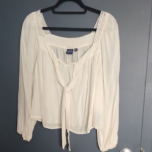 Whimsigoth Ivory Tie-Front Blouse Square Neck Medium Victorian Lace